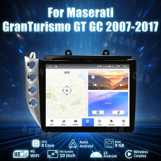 A 10-inch multimedia stereo head unit for Maserati GranTurismo GT/GC 2007-2017, featuring a touchscreen interface.