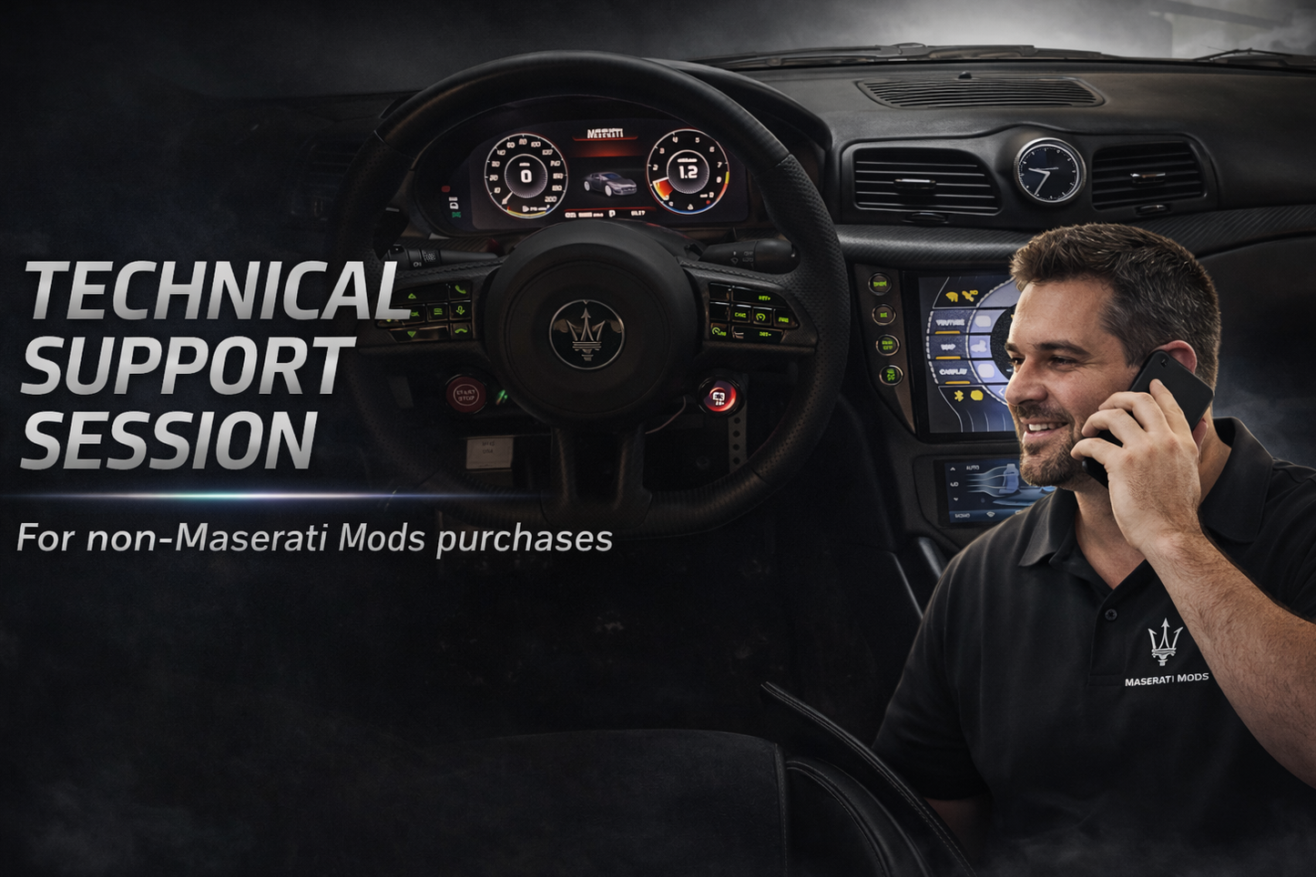Person in a Maserati branded shirt talking on a phone with car interior and dashboard in the background