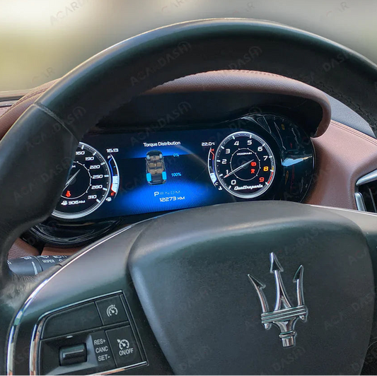 Car dashboard with digital display and Maserati logo, featuring ACARDAS branding.