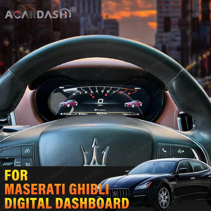 Car dashboard with digital dashboard display and Maserati logo, cityscape in the background.