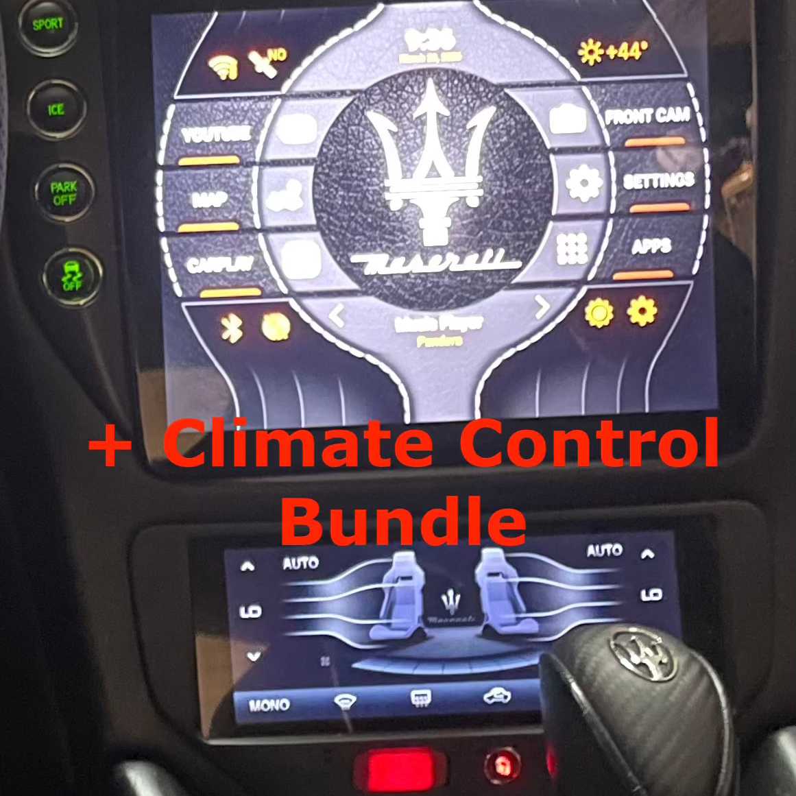 Car infotainment screen with Maserati logo and climate control bundle text overlay